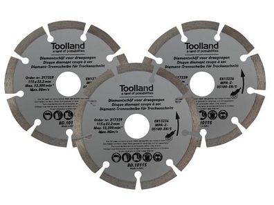 Toolland - BD13115 - Diamant-Trennscheiben-Set - 115 mm - Segmentiert - 3-tlg.