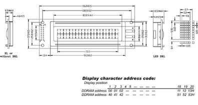 LCD 20X2 Supertwist Untenansicht Transflektiv MIT GELBER Hintergrundbeleuchtung