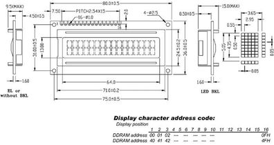 LCD 16X2 Untenansicht Transflektiv MIT Hintergrundbeleuchtung