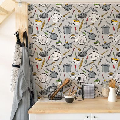 10m VLIES TAPETE Rolle Esszimmer Küche Kaffee Geschirr Besteck Gemalt XXL 3900