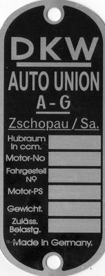Typenschild DKW Auto Union Zschoppau, Alu, Blank, Neu, Oldtimer