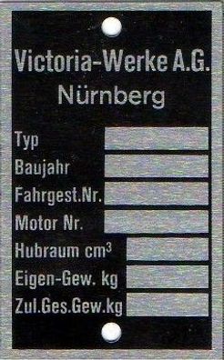 Typenschild Victoria Werke Nürnberg, Alu, Blanko, Neu, Motorrad, Oldtimer