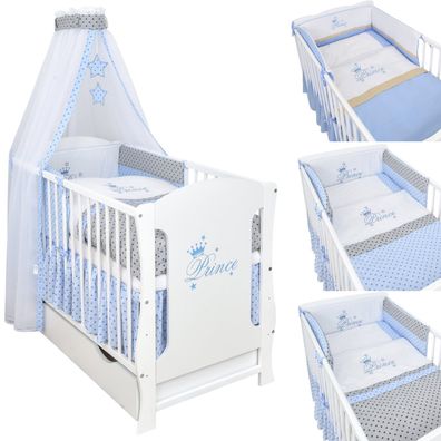 Babybett Kinderbett Weiß 120x60 Schublade Bettset Applikation komplett