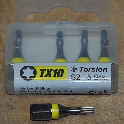 5 Stück - S2 Bit gelb 25 mm in Box 1/4" Torx TX10 - Neu !