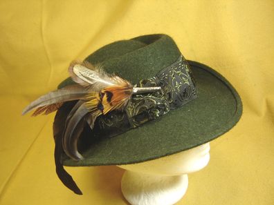 Damenhut Trachtenhut Rauhloden mit Feder klassische Form olivgrün DH133