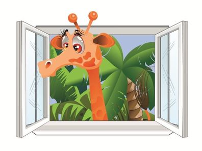 Kinderzimmer Wandbild Wand Tatoo mit Zoo Dschungel Giraffe am Fenster