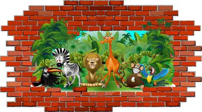 Kinderzimmer Wandbild Tatoo Zoo Dschungel Tiere Mauer Ziegel Affe Giraffe Löwe