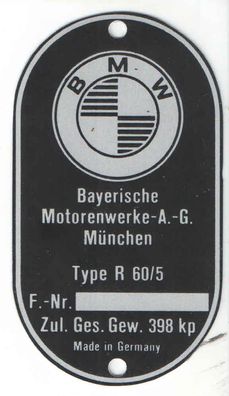 Typenschild BMW Typ R60/5 Alu, Blanko, Neu, Motorrad, Oldtimer