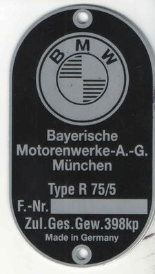 Typenschild BMW Typ R75/5, Alu, Blanko, Neu, Motorrad, Oldtimer