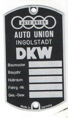 DKW Typenschild Auto Union Ingolstadt, Alu, Blanko, Neu, Oldtimer