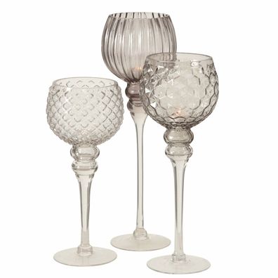 Windlicht MANOU transparent grau - 3er Set - Kerzen Glas Kelch Elegant Tisch Deko
