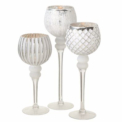 Windlicht MANOU weiß silber - 3er Set - Kerzen Glas Kelch Elegant Tisch Deko