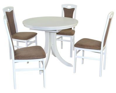 Essgruppe massiv weiß/ braun Tischgruppe 4 Stühle Esstisch rund Esszimmergarnitur