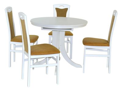 Essgruppe massiv weiß/ gelb Tischgruppe 4x Stühle Esstisch rund Esszimmergarnitur