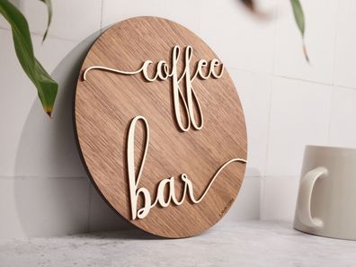 Wanddekoration Coffee Bar aus Holz, Runde Wanddeko für Küche & Barista