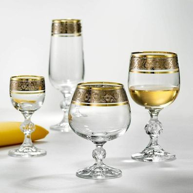 Sekt-, Wein-, Likör- Cognacglas Kristallgläser Gold Platin Set 24teilig Bohemia