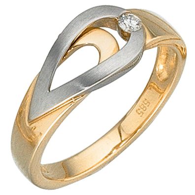 Damen Ring 585 Gold Gelbgold Weißgold bicolor matt 1 Diamant Brillant.