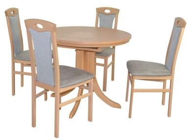 Essgruppe massiv Buche/ grau Tischgruppe 4 Stühle Esstisch rund Esszimmergarnitur