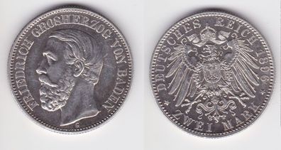 2 Mark Silbermünze Baden Großherzog Friedrich 1896 Jäger 28 vz+ (151027)