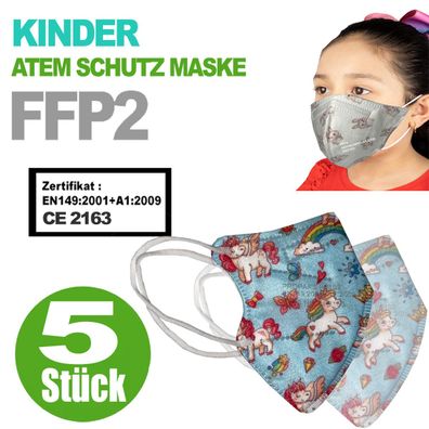 FFP2 Kinder Maske Bunte Kids Farben 5-Lagig Mundschutz CE Kindermaske Einhorn Blau