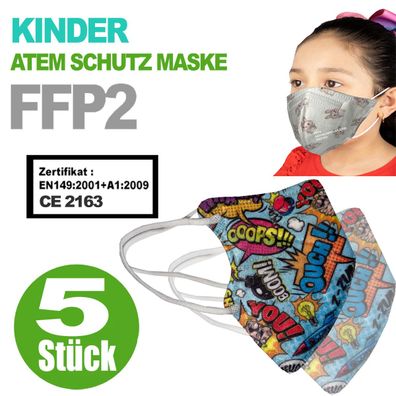 FFP2 Kinder Maske Bunte Kids Farben 5-Lagig Mundschutz Kindermaske CE Motive Cartoon