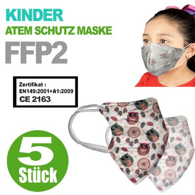 FFP2 Kinder Maske Bunte Kids Farben 5-Lagig Mundschutz CE Kindermaske Motive Eule