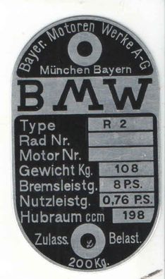 Typenschild BMW Typ R 2, Alu, Blanko, Neu, Motorrad, Oldtimer