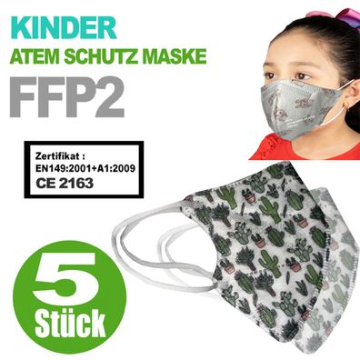 FFP2 Kinder Maske Bunte Kids Farben 5-Lagig Mundschutz Kindermaske Motive Kaktus Grün