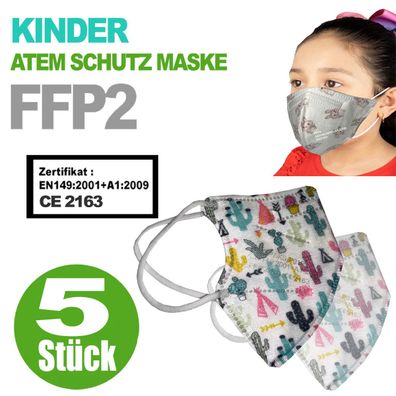 FFP2 Kinder Maske Bunte Kids Farben 5-Lagig Mundschutz Kindermaske Motive Kaktus Weiß
