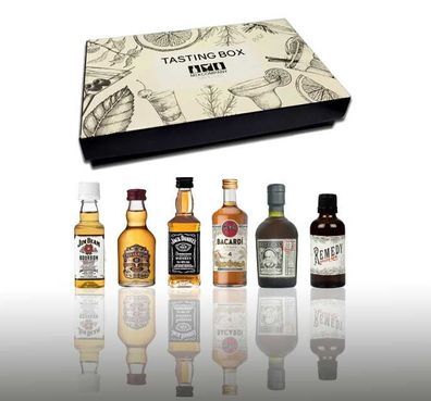 Whisky Rum 6er Tasting Box - 3x Whisky + 3x Rum Miniaturen Probierset Geschenk