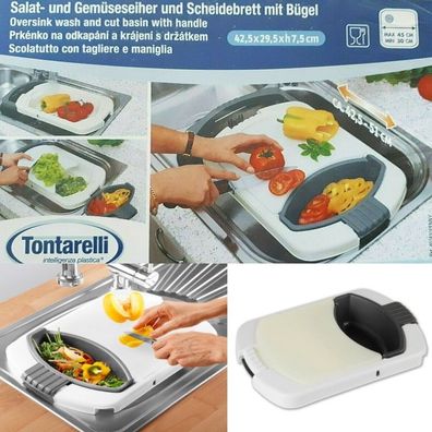 Salat- und Gemüseseiher inkl. Schneidebrett mit Bügel Kompatibel für jede Spüle