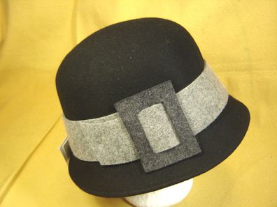 Damenhut schlicht Wollfilz schwarz Charleston-stil Filzband grau Cloche DH168