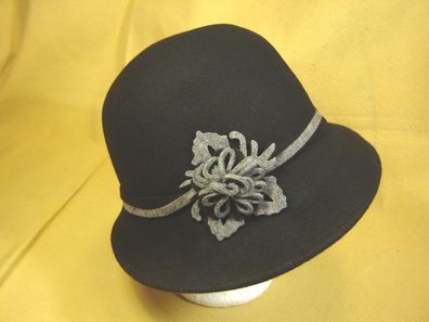 Damenhut Charleston-stil weitrandig Wollfilz schwarz Filzblume Cloche DH170