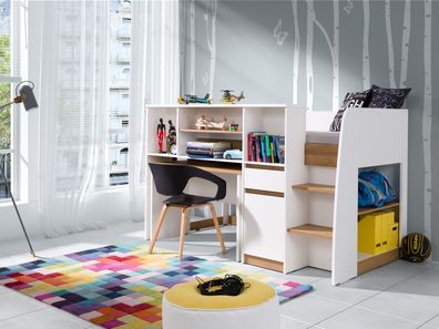 Sinco Hohes Jugendbett, praktisches Bett mit Schreibtisch, Jugendzimmer, weiß