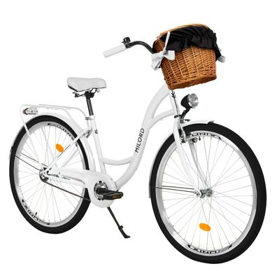 28 Zoll Damenfahrrad MILORD Citybike Mit Weidenkorb Stadtrad Vintage Weiss Fahrrad