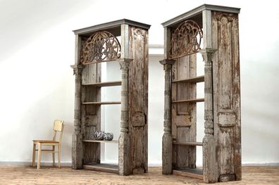 1 von 2 Regal Shabby Groß Antik Landhaus Alt Vintage Metall Teak Holz Haveli