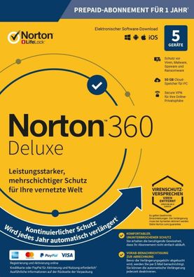 Norton Security 360 Deluxe 5 PC Geräte 1 Jahr 2022 inkl. VPN ABO