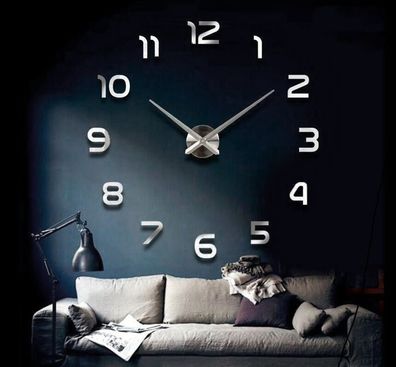 Moderne Wanduhr A141 Große 3D Uhr Ziffern XL XXL 80cm - 120cm Chrom Wandtattoo