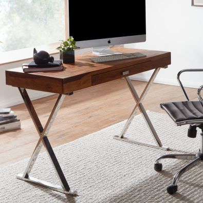 Wohnling Schreibtisch 120x55 cm Bürotisch Massivholz Metall Computertisch Tisch