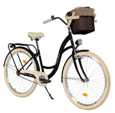 28 Zoll Damenfahrrad MILORD Citybike Mit Korb Vintage Schwarz-Creme Fahrrad 1 Gang