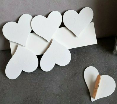 6 weiße Holzherzen an Klammern Herz Holz Herzclip Hochzeit 8cm Wäscheklammer
