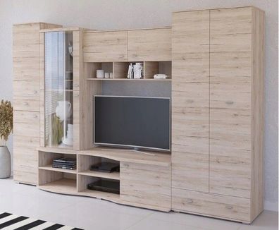 Wohnwand GRAU mit Kleiderschrank 80 cm Wohnzimmer-Set Anbauwand 5 Tlg. LED