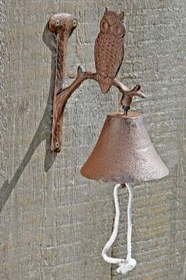 Glocke mit Eule braun 19 cm Gusseisen Dekoration Türglocke Klingel Antik