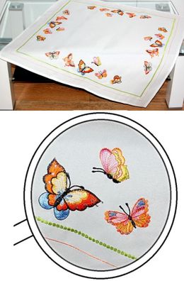 Tischdecke Schmetterlinge 85x85 cm Stickerei Frühling Tischdeko Decke