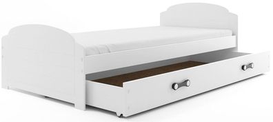 Kinderbett LILI 200x90cm mit Matratze und Lattenrost / Weiß oder Grau mit Schublade