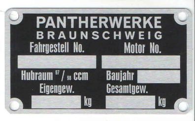 Typenschild Pantherwerke , Alu, Blanko Neu, Motorrad, Oldtimer