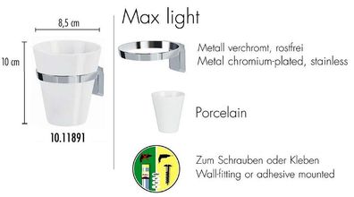 Max Light Chrom Zahnbecher mit Wandhalterung. Metall Verchromt/ Porzellan
