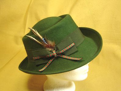 Damenhut Trachtenhut Haarfilz bayrisch grün mit Band und Feder DH201