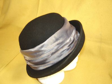 Damenhut Wollfilz sehr hübsch aufgeschlagener Rand schwarz mit Samt silbergrau DH214
