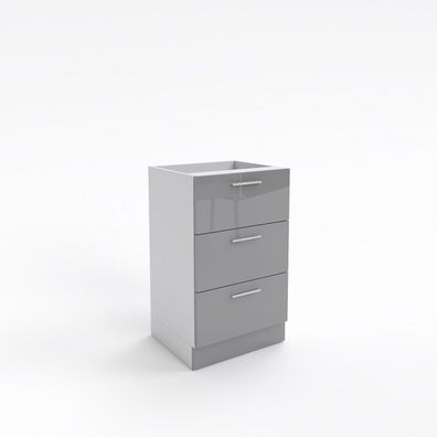 3 Schubladen Unterschrank Grau Hochglanz Breite 30-80cm Tiefe 45cm Sockel